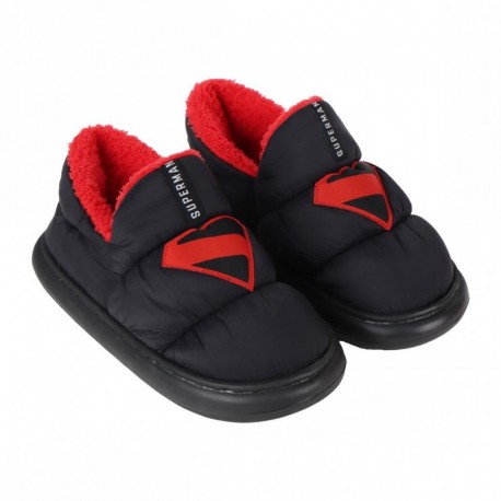 Zapatillas de casa negras de Superman con logo y forro rojo