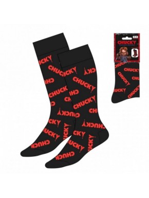 Meias pretas com design de Chucky em vermelho