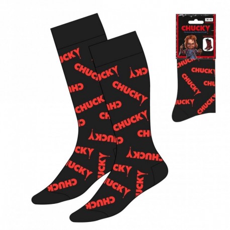 Meias pretas com design de Chucky em vermelho
