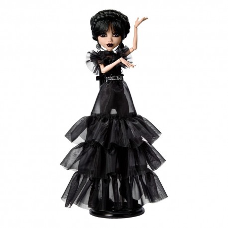 Muñeca de Miércoles con vestido gótico negro y volantes