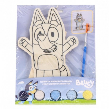 Figura de madeira para pintar Bluey com tintas e pincel