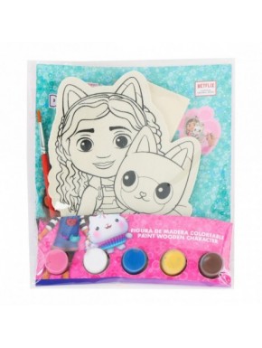 Figuras de madeira para colorir de Gabby's Dollhouse com tintas e pincel