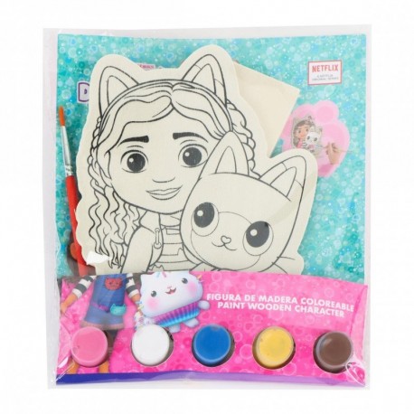 Figuras de madeira para colorir de Gabby's Dollhouse com tintas e pincel