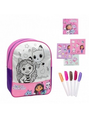 Mochila DIY de Gabby's Dollhouse color rosa con rotuladores y pegatinas.