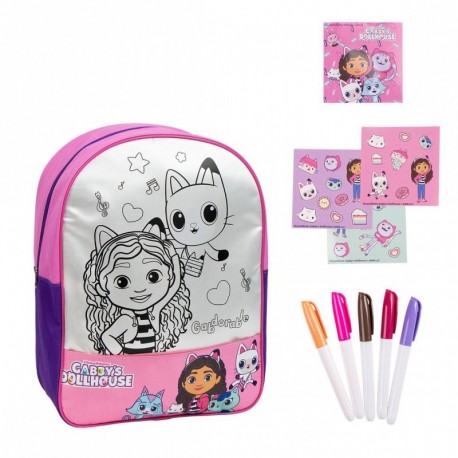 Mochila DIY de Gabby's Dollhouse color rosa con rotuladores y pegatinas.