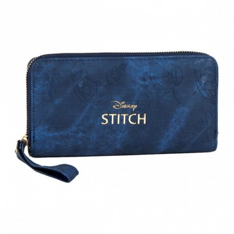 Portefeuille en similicuir bleu Stitch avec embossage et fermeture éclair