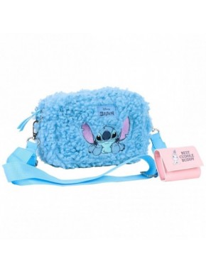 Bolso borreguillo azul de Stitch con correa y compartimento extra rosa