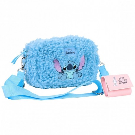 Bolso borreguillo azul de Stitch con correa y compartimento extra rosa