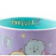 Taza morada BT21 The Journey con personajes animados.