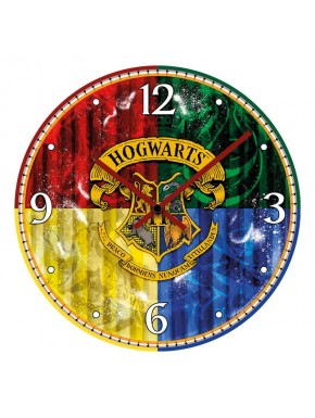 Reloj de pared con escudo de Hogwarts y colores de las casas