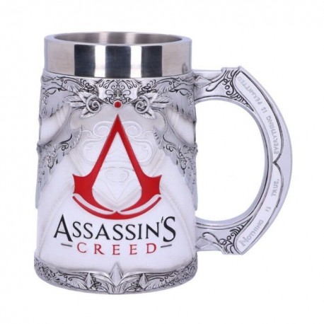 Jarra de 15.5 cm de Assassin's Creed en color blanco con detalles plateados y logo rojo
