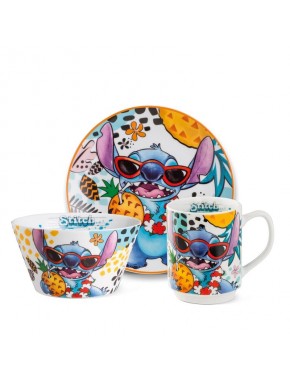 Set de plato, taza y bowl blanco con diseño de Stitch