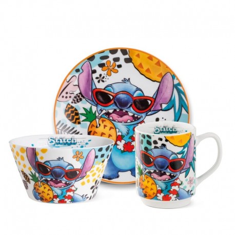 Set de plato, taza y bowl blanco con diseño de Stitch