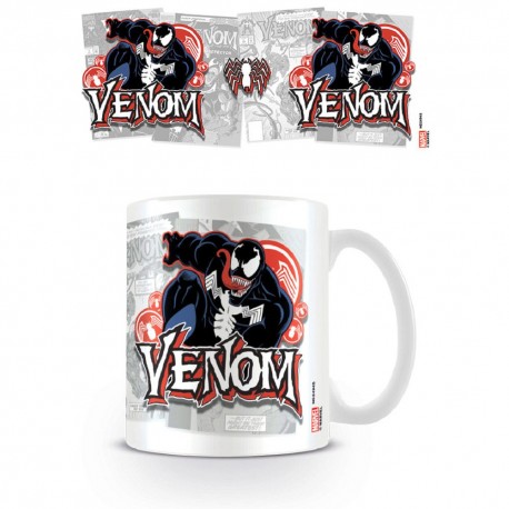 Taza Marvel con diseño de Venom en fondo de cómics