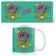 Taza verde de Stitch con frutas y diseño tropical