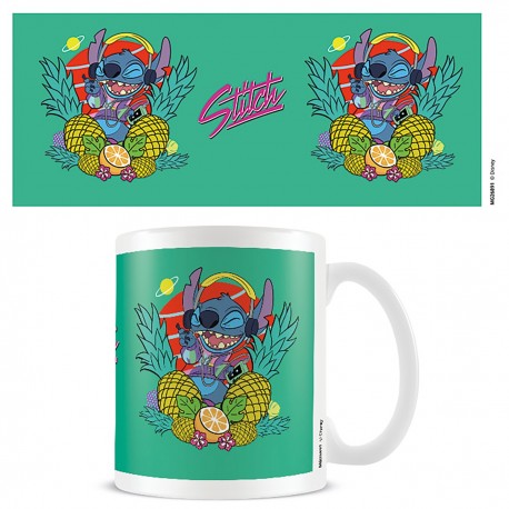 Taza verde de Stitch con frutas y diseño tropical