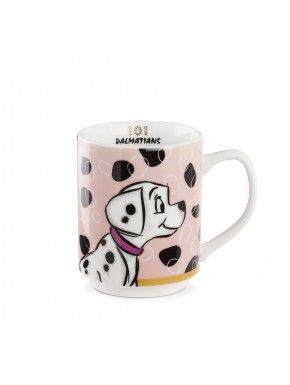 Taza apilable de 101 Dálmatas en fondo rosa