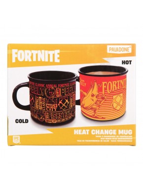 Taza de cambio al calor de Fortnite mostrando diseños de Peely y Fishstick