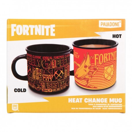 Taza de cambio al calor de Fortnite mostrando diseños de Peely y Fishstick