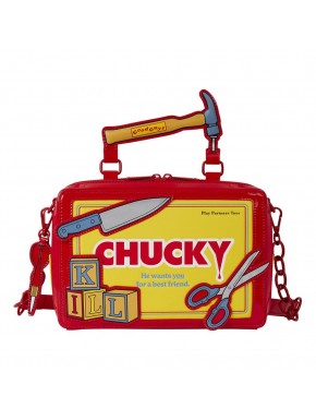 Bolso bandolera Loungefly Chucky con diseño rojo y detalles de herramientas