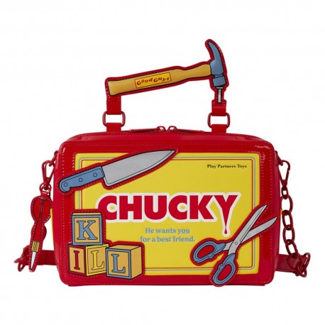Bolso bandolera Loungefly Chucky con diseño rojo y detalles de herramientas