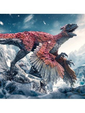 Estatua de dinosaurio Jurassic World Dominion en paisaje nevado