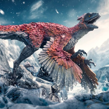 Estatua de dinosaurio Jurassic World Dominion en paisaje nevado
