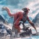 Estatua de dinosaurio Jurassic World Dominion en paisaje nevado