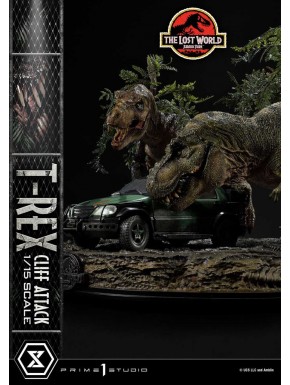 Estatua T-Rex atacando coche en Jurassic World