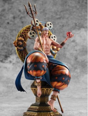 Estatua Enel One Piece con bastón y manzana, detalle de 34 cm