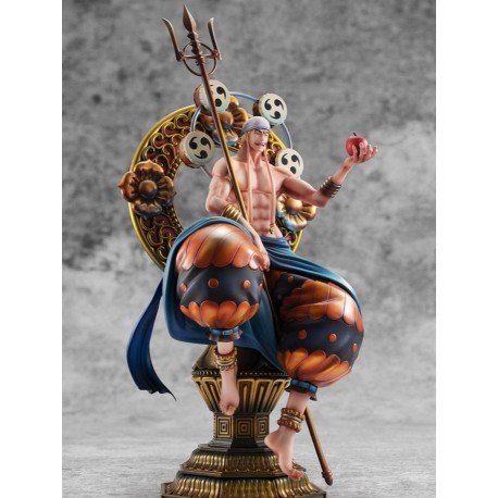 Estatua Enel One Piece con bastón y manzana, detalle de 34 cm