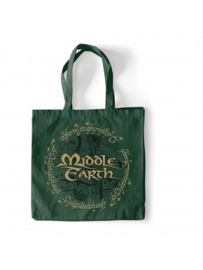 Bolso verde Middle Earth con logo y escritura élfica