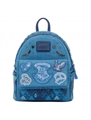 Mochila jeans Harry Potter com brasões de Hogwarts