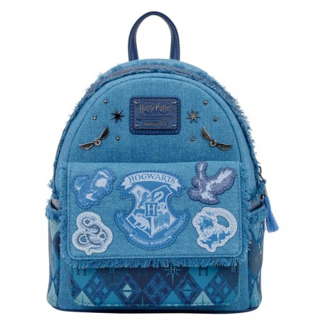 Mochila jeans Harry Potter com brasões de Hogwarts
