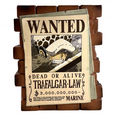 Hucha de Trafalgar Law de One Piece con diseño de cartel Wanted