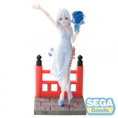 Estatua de Asahi Amagami de 18 cm en vestido azul con ramo de flores