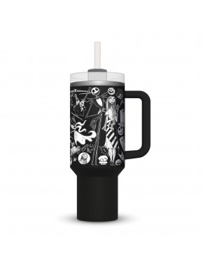 Vaso de acero inoxidable Pesadilla antes de Navidad con diseño en blanco y negro