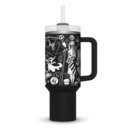 Vaso de acero inoxidable Pesadilla antes de Navidad con diseño en blanco y negro