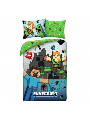 Capa de edredom Minecraft com personagens e design verde