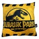 Almohada cuadrada amarilla con logo de Jurassic Park
