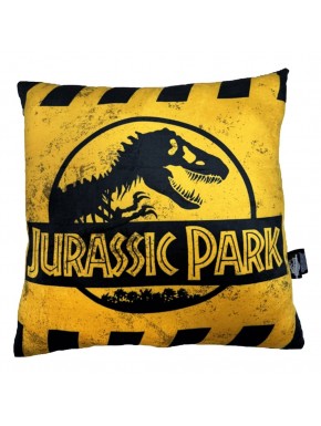 Almohada cuadrada amarilla con logo de Jurassic Park