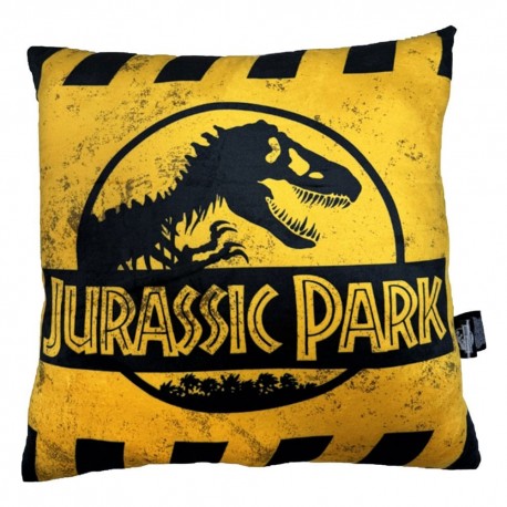 Almohada cuadrada amarilla con logo de Jurassic Park
