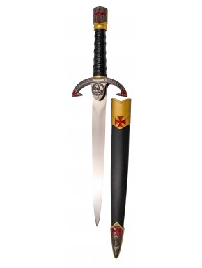Daga templaria con pomo casco y cruz roja, 40 cm