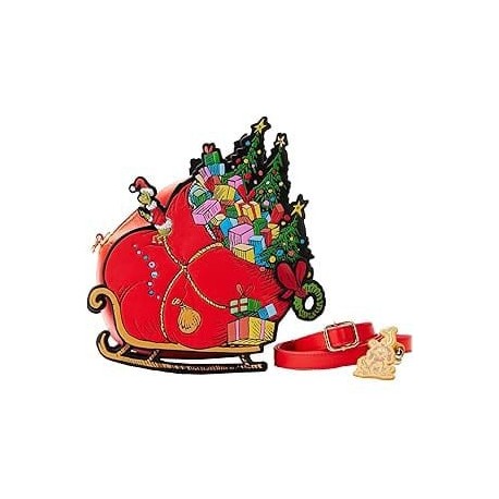 Bandolera roja Grinch Sleigh de Loungefly con detalles navideños