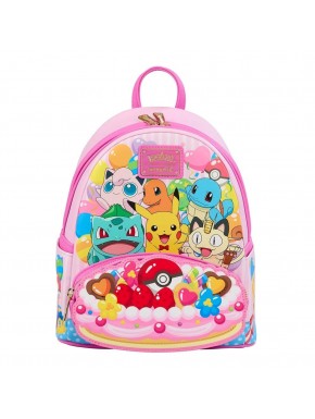 Mochila rosa con personajes Pokémon y diseño festivo