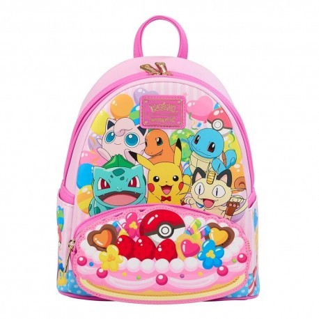 Mochila rosa con personajes Pokémon y diseño festivo