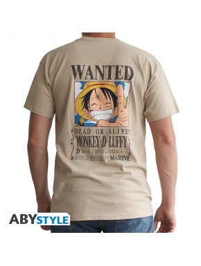 Camiseta cor areia de One Piece Luffy com cartaz Procurado
