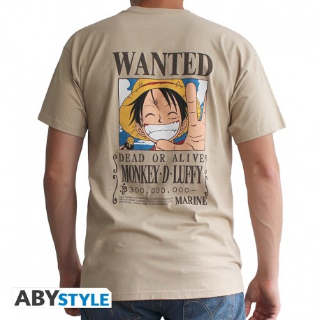Camiseta cor areia de One Piece Luffy com cartaz Procurado
