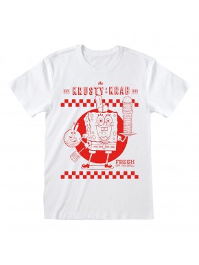 Camiseta blanca de Bob Esponja Krusty Krab con diseño rojo