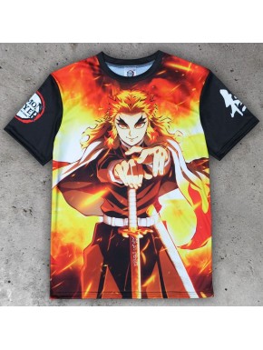 Camiseta Kyojuro Rengoku Demon Slayer con diseño de llamas